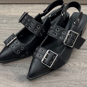 Stylish Black Slingback Women's Shoes Pointy Chunky Heel